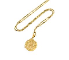 A 9 Carat Gold Locket on Muff Chain, chain with applied plaque stamped 'JM9C', locket length 3.