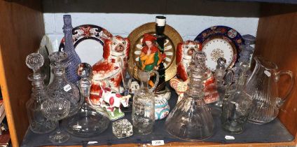 A Quantity of Various Cut Glass Decanters, Staffordshire dogs, a Bretby Jester table lamp, Aynsley