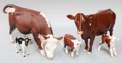 Beswick Cattle Including: Hereford Cow, model No. A2667; Red Poll Cow, model No. 4111, and three