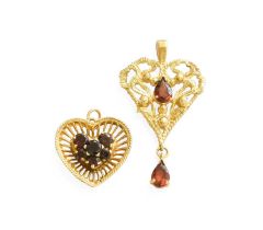 Two 9 Carat Gold Garnet Pendants, of varying designs, length 2.4cm and 4.3cm Gross weight 7.7