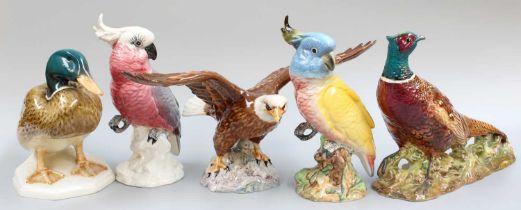 Beswick Birds, including Cockatoo model No. 1180, Bald Eagle, model No. 1018, and Mallard, model No.