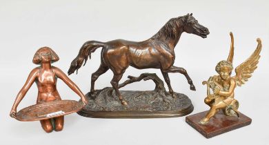 A Late 19th century Bronze Figure of a Horse, on plinth base, 20cm high; together with a bronze