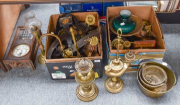 Various Metalwares, including, spark guard, fire tools, jam pans, oil lamps, candlesticks, horse