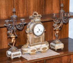 A French Ormalu and White Marble Sticking Mantel Clock Garniture, circa 1890, enamel dial