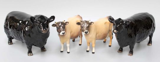 Beswick Aberdeen Angus Cattle: Bull, model No. 1562, and Cow, model No. 1563, both in black gloss;