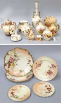 A Collection of Royal Worcester Blush Ground Porcelain, various items including ewers, plates,