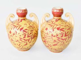 A Pair of Crown Derby Gilt and Red Twin Handled Vases