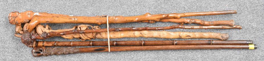A Collection of Six Carved Walking Sticks and Canes, 19th/20th century in date, including carved