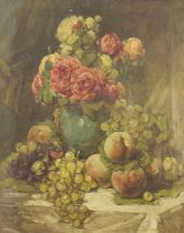 French School (20th Century) Still life of flowers in a vase with apples and grapes on a ledge