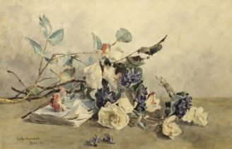 Cath*Heyerdahl (Late 19th/Early 20th Century) Stil life of roses and a book on a ledge Signed,