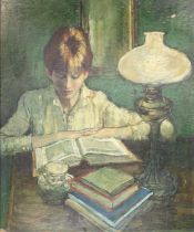 Charles Bannerman (1906-1976) Young girl reading a book by lamplight Signed, oil on board, 39.5cm by