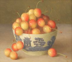 Gerald Norden (1912-2000) "Cherries in a blue and white bowl" Signed and dated (19)98, oil on board,