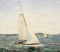 H F Theobald (20th Century) A yacht at full sail Signed and dated (19)54, oil on board, 61cm by 70.