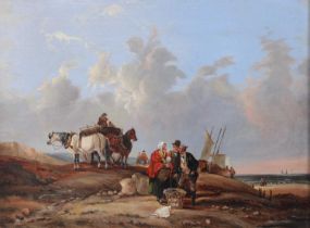 Follower of William Shayer (19th Century) Fisherfolk and characters on the beach Oil on canvas, 32cm