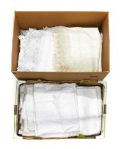 Assorted Table Linen comprising damask cloths, tea table and tray cloths with crochet edging,