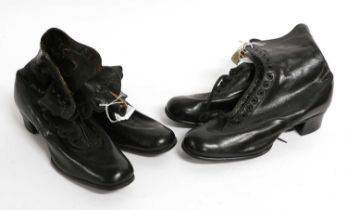 A Pair of Early 20th Century Black Leather Lady's Lace up Boots with a shaped top, low heel,