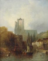 British School (19th Century) Sailing vessels at a town gate, with a veiw of a minster beyond