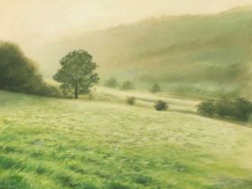 Jim Wright (Contemporary) "Fields of Dew, near Hawnby" Signed, pastel, 28cm by 38cm; together with