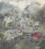 Janet Rogers (Contemporary) English country garden with bench Signed and dated 1993, mixed media;
