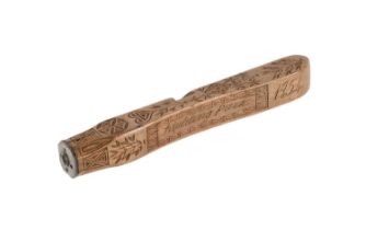 An Intricately Carved Knitting Stick, inscribed 'Miss G Young' and 'Rudding Park' dated 1854, carved