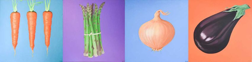 Cloe Vos (Contemporary) Carrots Signed, acrylic on canvas, together with a further three works by