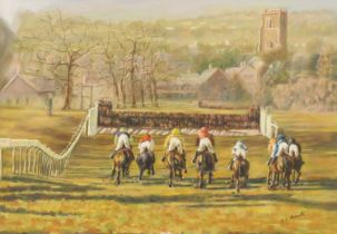 British School (20th Century) Race horses galloping down the straight Indistinctly signed, mixed