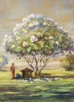 F*B*Yalavatti (20th Century) Tree in full blossom with figures below Signed and dated 1934,