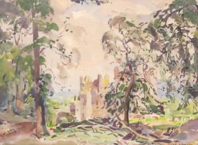 Fred Lawson (1880-1968) View of Bolton Castle through trees Signed, watercolour, 26cm by 36cm