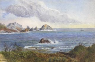 Follower of Albert Goodwin (1845-1932) Seascape with a rocky outcrop Bears signature, watercolour,