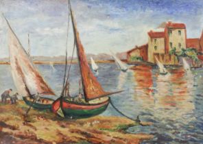 Continental School (20th Century) Sailboats in a harbour Indistinctly signed, oil on canvas, 42cm by