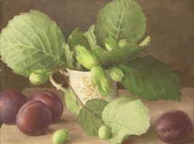 Gerald Norden (1912-2000) "Cob Nuts and Plums" Signed and dated (19)92, oil on panel, 17cm by 22cm