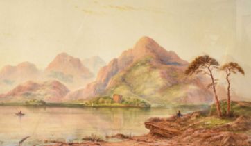 William Baker (1863-1937) Figures sitting on a lake shore, with hills beyond Signed, watercolour,