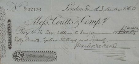 Dickens (Charles). A cheque signed by Charles Dickens, 4th September 1866, drawn on Messrs