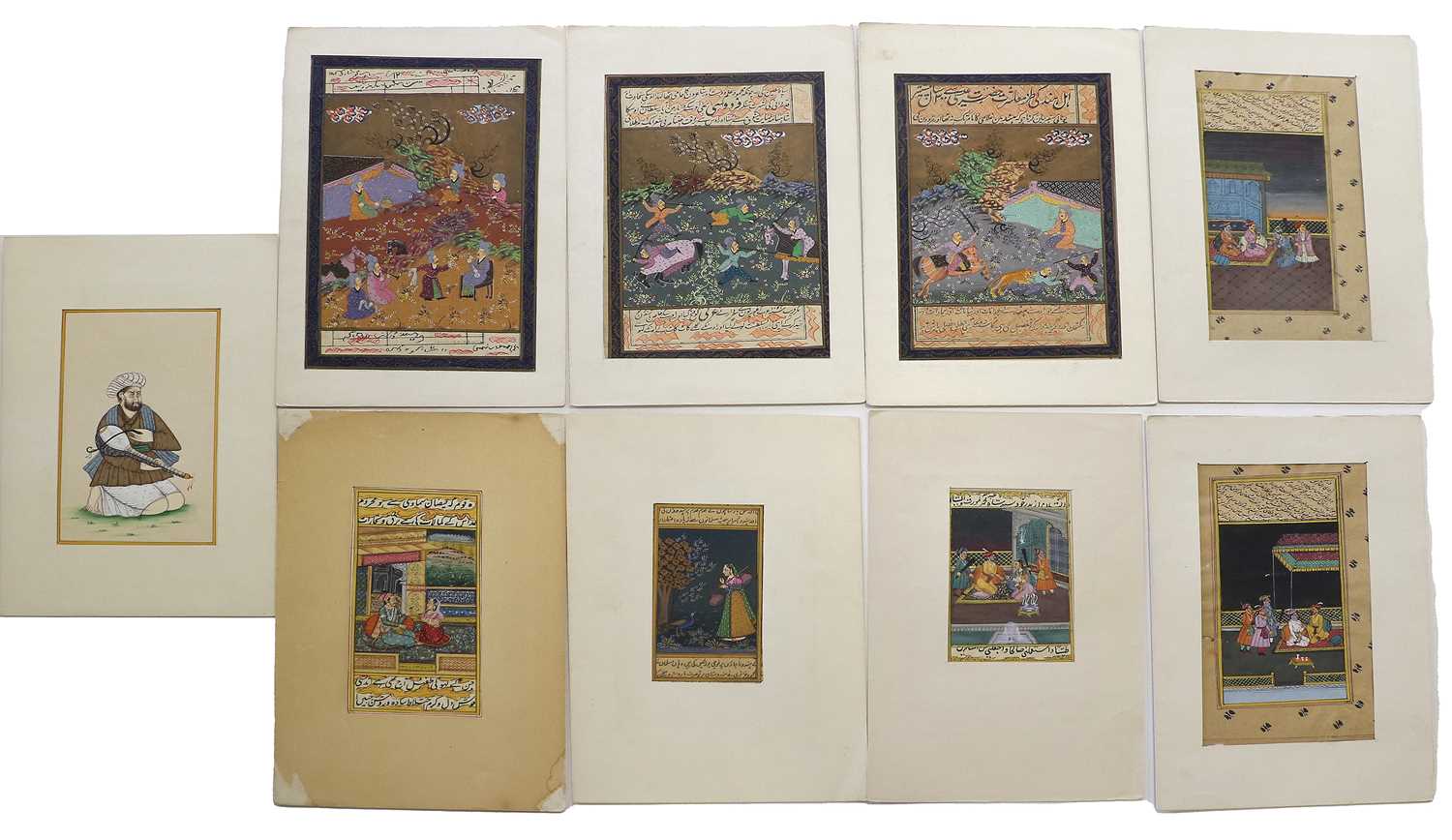 Indian School Miniatures. Nine Mughal style paintings, comprising: Three paintings of similar