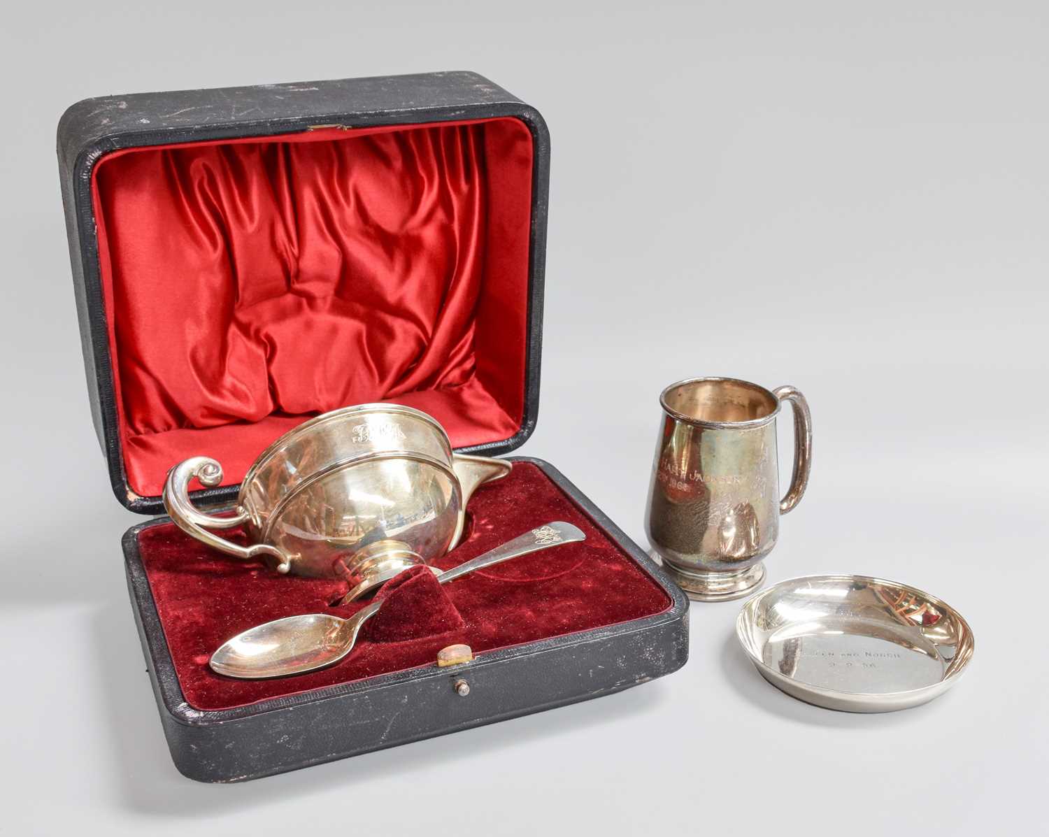 A Collection of Assorted Silver, comprising a cased jug and spoon, engraved with initials; a