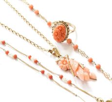 A 9 Carat Gold Coral Pendant on Chain, pendant length 4.3cm, chain length 45.3cm; Two 9 Carat Gold