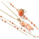 A 9 Carat Gold Coral Pendant on Chain, pendant length 4.3cm, chain length 45.3cm; Two 9 Carat Gold