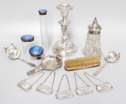 A Collection of Assorted Silver, including four silver and enamel dressing-table items; five wine or