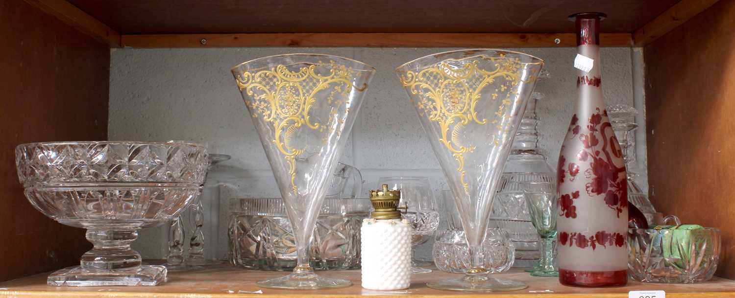 A Pair of 19th Century Gilt Scroll Highlighted Flattened Trumpet Vases and a Victorian Ruby Glass