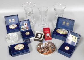 Halcyon Days Enamels, five boxes including commemorative example with a view of Buckingham Palace;