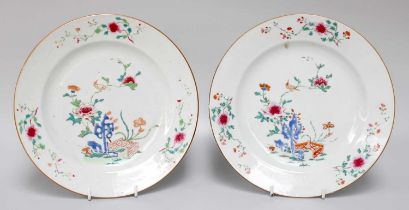 A Pair of Chinese Porcelain Plates, Qianlong, painted in famille rose enamels, 22.5cm diameter (2)