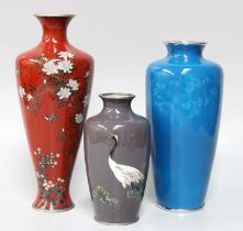 A Japanese Cloisonne Vase, Ando Workshop, Meiji period, grey ground and decorated with a crane in