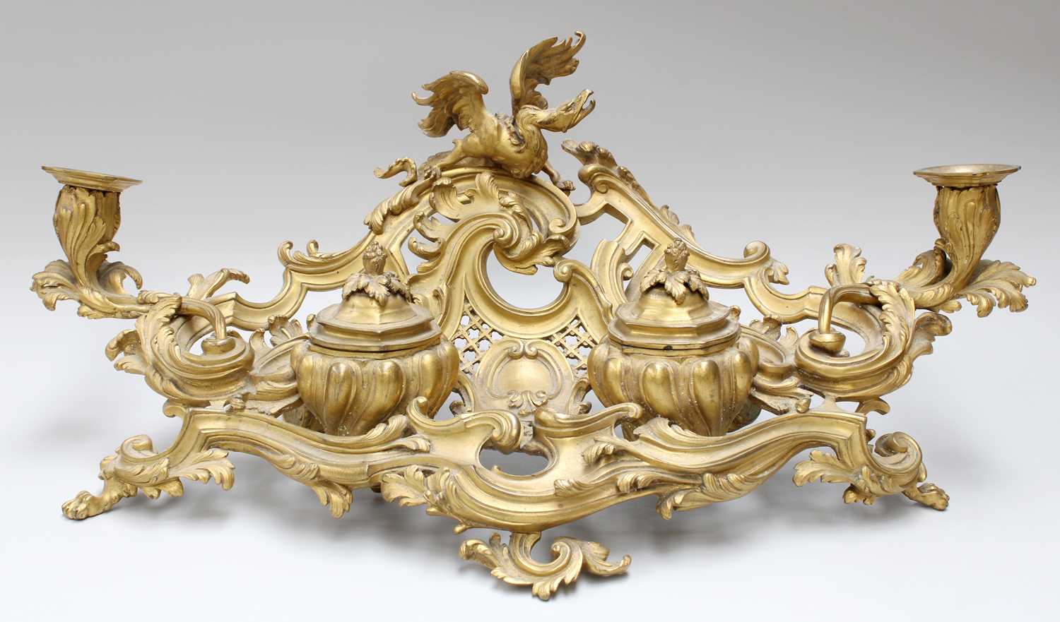 A French Gilt Bronze Desk Set, late 19th century, in Neo-Rococo style, comprising: an ink stand - Image 2 of 21