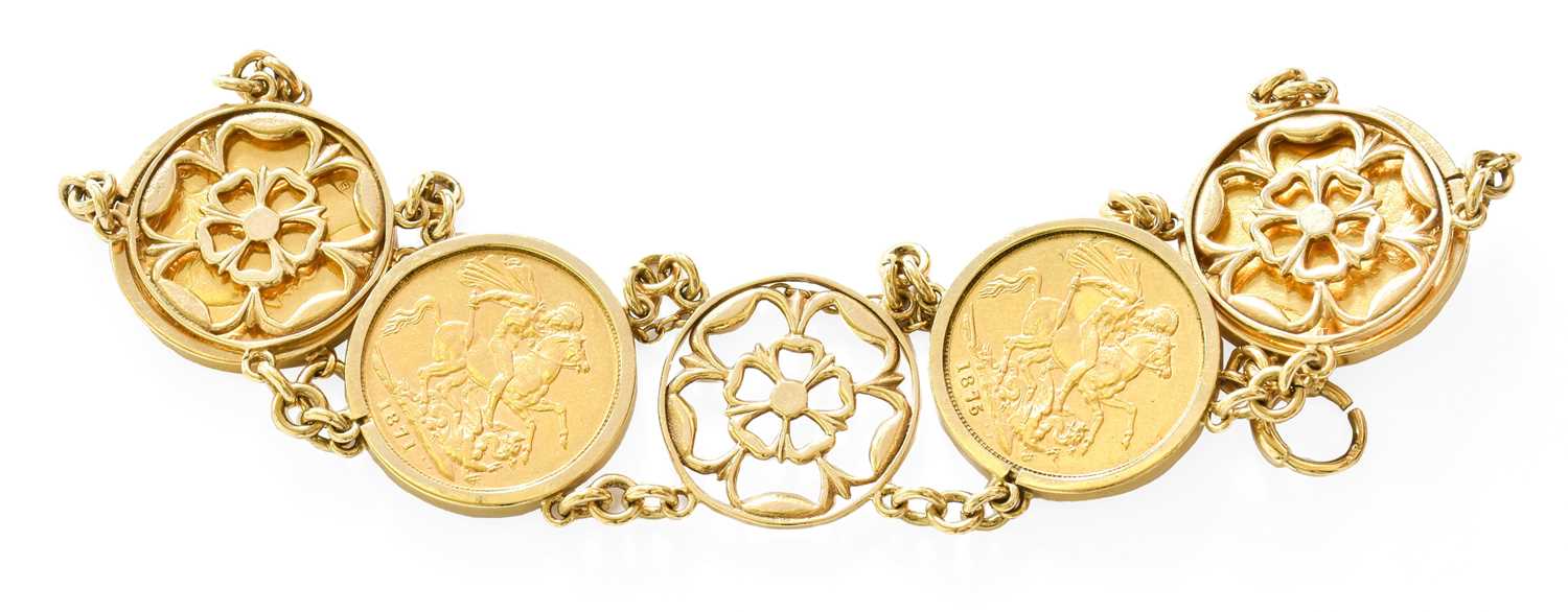 A Sovereign Bracelet, comprising of four sovereigns dated 1871, 1872, 1873 and 1875, spaced by