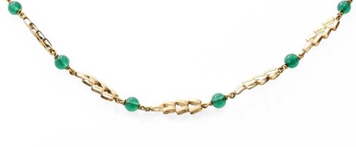 A Fancy Link Necklace, stamped '375', with green bead detailing, length 46.8cm Gross weight 11.1