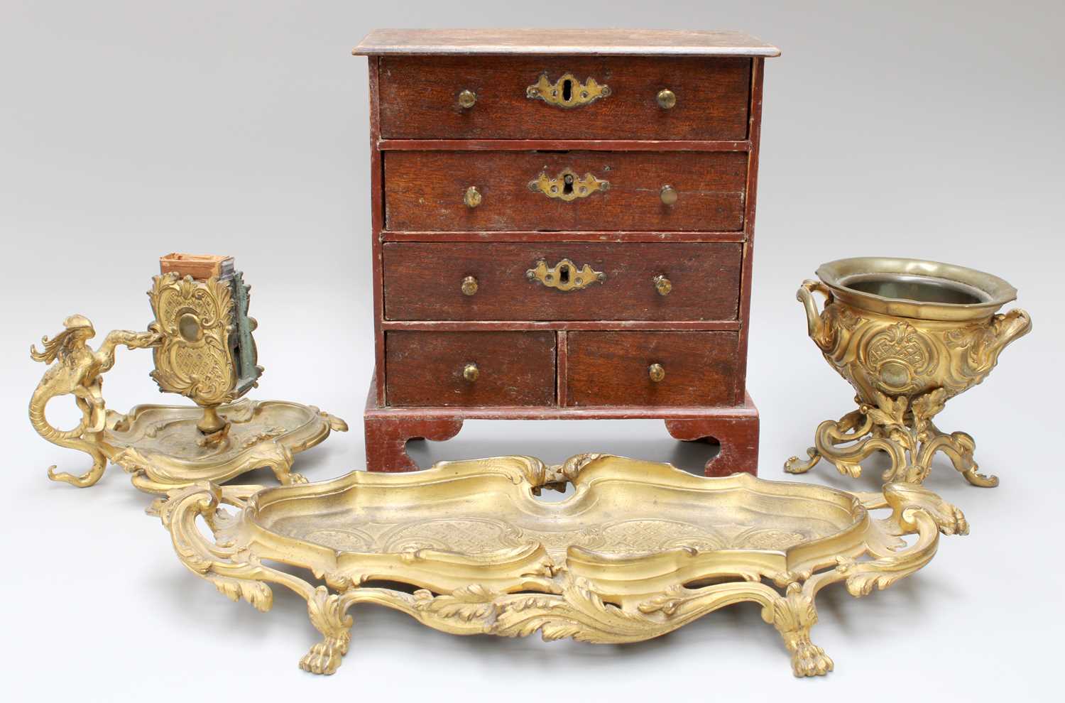 A French Gilt Bronze Desk Set, late 19th century, in Neo-Rococo style, comprising: an ink stand - Image 3 of 21