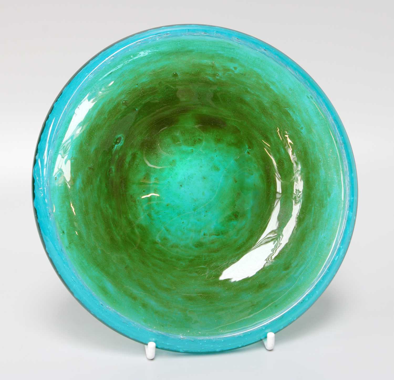 John Orwar Lake for Ekenas Glass, Sweden, A Blue and Green Art Glass Dish, signed, 16.5cm diameter
