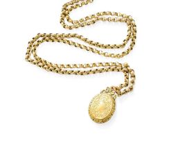 A Locket on Chain, the locket with embossed and engraved foliate decoration, on a belcher link