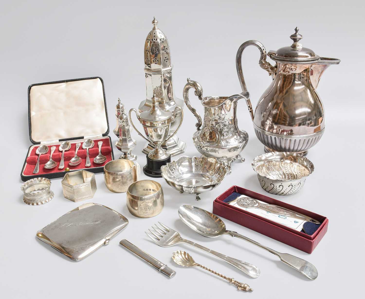 A Collection of Assorted Silver and Silver Plate, the silver including an octagonal caster, engraved