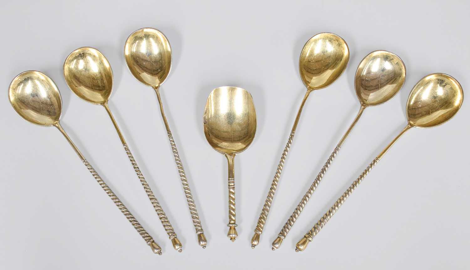 A Set of Six Russian Silver-Gilt Teaspoons, by Stepan Levin, Moscow, Possibly 1882, each with